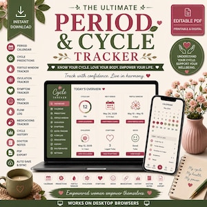 May include: A digital period and cycle tracker displayed on a laptop screen and a smartphone. The interface features a dashboard with cycle day, next period, fertile window, ovulation, symptoms, and mood logs. Text includes The Ultimate Period & Cycle Tracker.