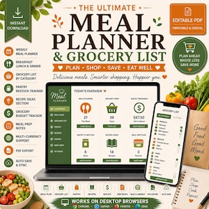 May include: A digital meal planner and grocery list template displayed on a laptop and smartphone screen. The interface features a dashboard with sections for meals, grocery items, budget, pantry, recipes, and prep plans, with text including THE ULTIMATE MEAL PLANNER & GROCERY LIST.