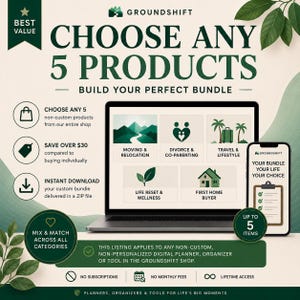 Könnte beinhalten: Eine Werbegrafik für ein digitales Produktbündel mit Laptop und Smartphone, die das Groundshift-Logo zeigen. Der Text umfasst CHOOSE ANY 5 PRODUCTS, BUILD YOUR PERFECT BUNDLE sowie Kategorien wie MOVING & RELOCATION, DIVORCE & CO-PARENTING, TRAVEL & LIFESTYLE, LIFE RESET & WELLNESS und FIRST HOME BUYER.