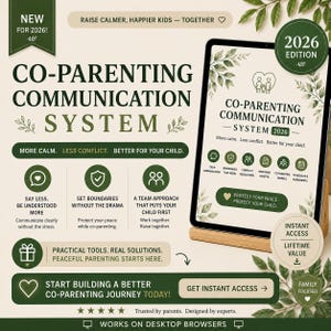 Puede incluir: Un sistema digital de comunicación para la coparentalidad mostrado en una tableta. La interfaz presenta texto e iconos de color verde oscuro sobre un fondo crema, con encabezados como Co-Parenting Communication System 2026 y secciones para comunicación tranquila.