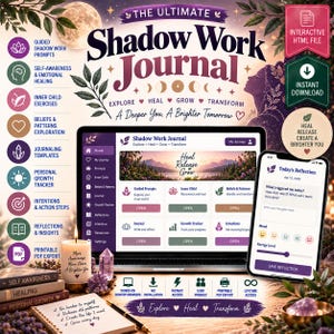 Puede incluir: El producto digital The Ultimate Shadow Work Journal incluye un archivo HTML interactivo, guías y plantillas de diario. La interfaz muestra secciones para la autoconciencia, ejercicios del niño interior y seguimiento del crecimiento en una pantalla de portátil y smartphone.