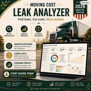 May include: A digital dashboard titled Moving Cost Leak Analyzer displayed on a laptop screen, featuring data charts, cost metrics, and a truck graphic. The interface includes sections for cost analysis, leak trends, and maps, with text promoting data-driven decisions.