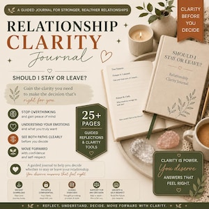 May include: A guided journal titled "Relationship Clarity Journal" with the question "Should I Stay or Leave?" on the cover. The image features an open journal, a lit candle, and decorative elements, promoting self-reflection and decision-making.