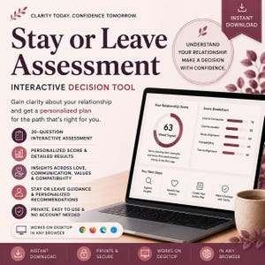 May include: A digital Stay or Leave Assessment interactive decision tool displayed on a laptop screen. The interface shows a relationship score of 63, a score breakdown, and next steps. Text includes Clarity Today, Confidence Tomorrow.