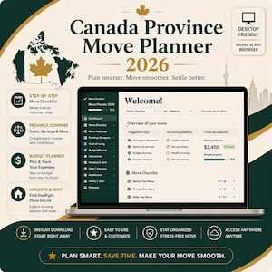 Könnte beinhalten: Ein Laptop-Bildschirm zeigt die Benutzeroberfläche "Canada Province Move Planner 2026". Die Oberfläche umfasst eine Umzugs-Checkliste, einen Budgetplaner sowie Wohnungs- und Mietoptionen. Die Grafik zeigt auch die kanadische Flagge und den Text "Planen Sie intelligenter. Bewegen Sie sich reibungsloser. Leben Sie besser."
