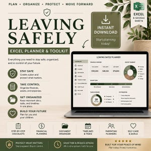 Op de afbeelding: Een opengeklapte laptop toont een financieel planner met grafieken. De afbeelding promoot een Excel planner en toolkit om georganiseerd en in controle te blijven. Tekst bevat "Leaving Safely", "Instant Download" en diverse planningscategorieën.