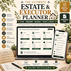 May include: The Ultimate Estate & Executor Planner digital tool displayed on a laptop and smartphone screen. The interface features sections for assets, beneficiaries, documents, key dates, checklists, and final arrangements, with a stack of books labelled My Will, Insurance Policies, Property Deeds, Bank Accounts, and Important Contacts.