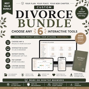 May include: A digital divorce bundle featuring six interactive tools, including a planner, co-parenting calendar, communication scripts, and a toolkit. The graphic displays text options for browser use, PDF exports, and lifetime access for organization.