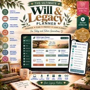 Puede incluir: La herramienta digital The Ultimate Will & Legacy Planner mostrada en una pantalla de portátil y smartphone. La interfaz incluye secciones para activos, beneficiarios, atención médica, legado digital, mascotas e historias de vida.