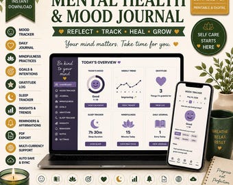 Journal de l'humeur et de la santé mentale | Planificateur de soins personnels, journal de gratitude, outil de suivi du bien-être (exportation au format PDF)
