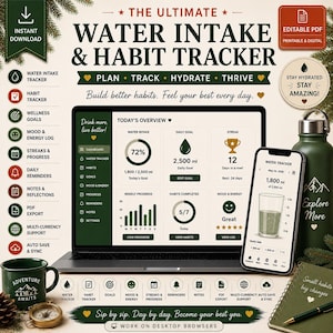 Dagelijkse waterinname-tracker — Gewoonte- en hydratatielogboek met wellnessdagboek