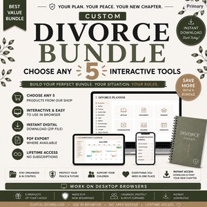 May include: A digital divorce bundle advertisement featuring the text CUSTOM DIVORCE BUNDLE, CHOOSE ANY 5 INTERACTIVE TOOLS, and DIVORCE PLANNER. The graphic displays a laptop, tablet, and a spiral-bound notebook labeled DIVORCE TOOLKIT.