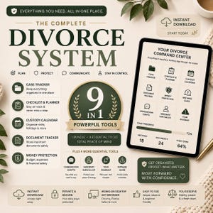 May include: A digital divorce planning system featuring a tablet display of a command center with trackers for cases, checklists, custody calendars, and documents. The layout includes a 9-in-1 tool bundle graphic, progress bars, and text labels.
