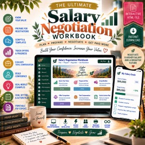 May include: A digital salary negotiation workbook displayed on a laptop and smartphone screen, featuring text headers, colorful icons, and a list of goals. A ceramic mug with the text Invest in Yourself and a notebook with a pen are nearby.