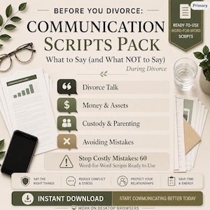 May include: A digital communication scripts pack for divorce, featuring text that reads: BEFORE YOU DIVORCE: COMMUNICATION SCRIPTS PACK, What to Say (and What NOT to Say) During Divorce, Divorce Talk, Money & Assets, Custody & Parenting, and Avoiding Mistakes.