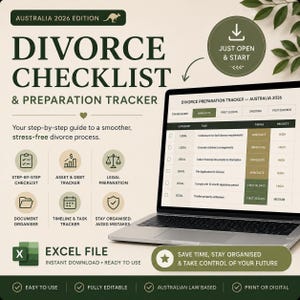 Peut inclure: Un modèle numérique de liste de contrôle et de suivi de préparation au divorce pour l'Australie 2026, affiché sur un écran d'ordinateur portable. La liste comprend des catégories, des tâches, des délais et des niveaux de priorité. L'image contient également des icônes et du texte.