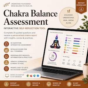 Könnte beinhalten: Ein digitales Chakra-Balance-Bewertungstool auf einem Laptop-Bildschirm. Die Benutzeroberfläche zeigt die Silhouette einer sitzenden Person mit sieben farbigen Chakrapunkten, ein Balkendiagramm der Chakrawerte und einen Gesamt-Balance-Score von 72.