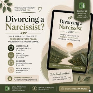 May include: An advertisement for a digital guide titled "Divorcing a Narcissist?" The guide is displayed on a tablet and promises to protect peace, rights, and future. The image includes text and icons, with a call to action to learn more.