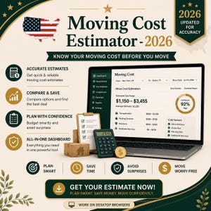 Könnte beinhalten: Ein digitales Umzugskosten-Schätzungstool für 2026 mit einem Laptop, der ein Dashboard mit Kostenspannen von 1.150 $ bis 3.455 $ anzeigt, sowie einem Taschenrechner, einem Klemmbrett und Umzugskartons. Die Grafik enthält eine US-Karte und Text.
