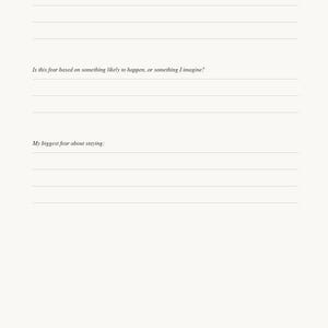 May include: A journal page with the title "Part 3 of 6 - Fear vs. Truth." The page includes prompts to explore fears about leaving and staying, with lines for writing and a space for the date.
