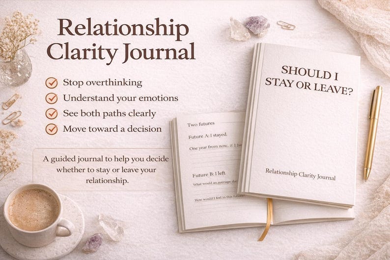 May include: A Relationship Clarity Journal with the text "SHOULD I STAY OR LEAVE?" and prompts to help decide whether to stay or leave a relationship. Includes a gold pen, a cup of coffee, and decorative elements.
