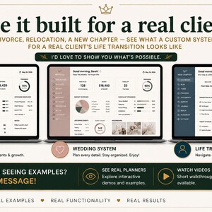 May include: Three laptop screens displaying digital dashboard interfaces titled Business Planner, Wedding System, and Life Transition Planner. Text includes See it built for a real client, Divorce, relocation, a new chapter, and Send me a message.