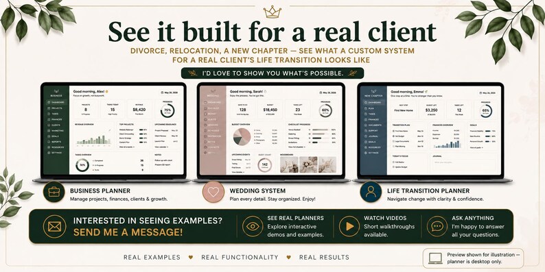 May include: Three laptop screens displaying digital dashboard interfaces titled Business Planner, Wedding System, and Life Transition Planner. Text includes See it built for a real client, Divorce, relocation, a new chapter, and Send me a message.