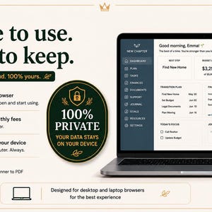 May include: A laptop displaying a digital planner dashboard with the text Simple to use. Yours to keep. No subscriptions. No cloud. 100% yours. Features include browser access, no installation, no monthly fees, and 100% private data storage.