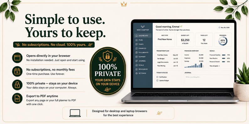 May include: A laptop displaying a digital planner dashboard with the text Simple to use. Yours to keep. No subscriptions. No cloud. 100% yours. Features include browser access, no installation, no monthly fees, and 100% private data storage.