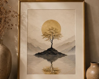 Golden Tree Lake Print – Minimalist Japandi Mountain Island Art (Digital Download)