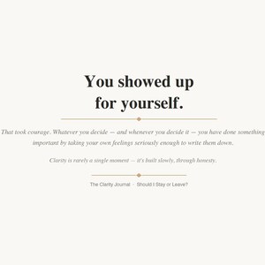 May include: A digital image with the text "You showed up for yourself." in a serif font. The image has a neutral color palette with text that reads "That took courage... Clarity is rarely a single moment... The Clarity Journal - Should I Stay or Leave?"