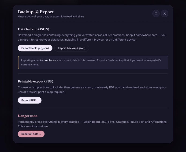May include: A dark interface window titled Backup & Export with sections for Data backup (JSON) and Printable export (PDF). It includes buttons labeled Export backup (.json), Import backup (.json), Export PDF, and a Reset all data button.