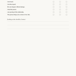 May include: A checklist titled "The honest checklist" with statements about feelings and relationships. Includes columns for "Yes," "Sometimes," and "No" responses. The checklist is on a white background.