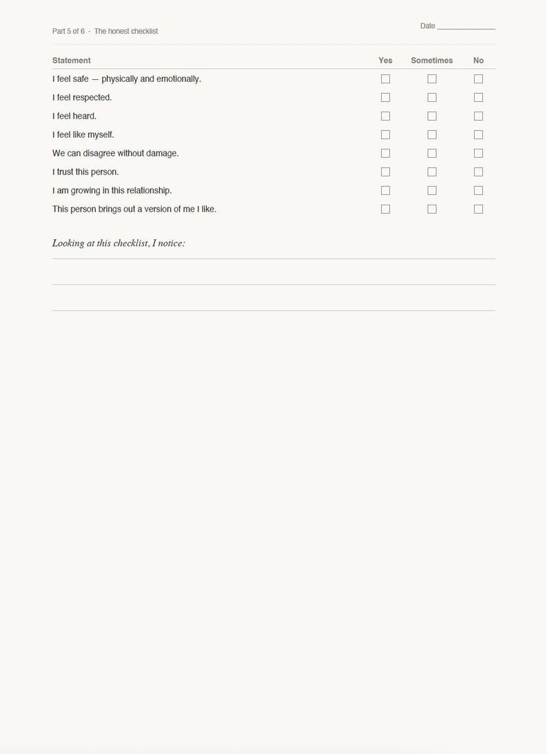 May include: A checklist titled "The honest checklist" with statements about feelings and relationships. Includes columns for "Yes," "Sometimes," and "No" responses. The checklist is on a white background.