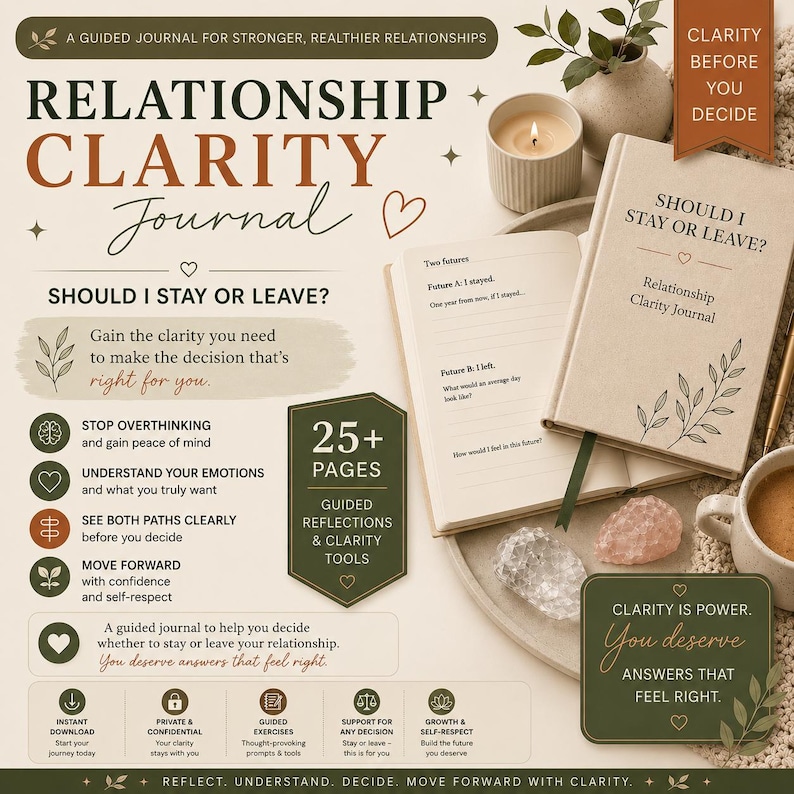 May include: A guided journal titled "Relationship Clarity Journal" with the question "Should I Stay or Leave?" on the cover. The image features an open journal, a lit candle, and decorative elements, promoting self-reflection and decision-making.