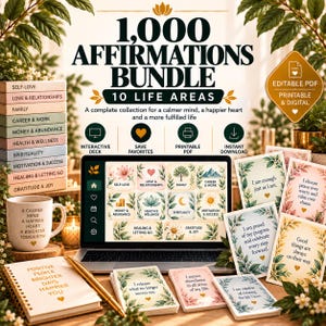May include: A 1,000 Affirmations Bundle digital product display featuring a laptop showing an interactive deck, a stack of ten labeled books, a mug with text, a spiral notebook, and several printed affirmation cards with floral borders.