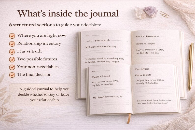 May include: An open journal with the text "What's inside the journal" and "A guided journal to help you decide whether to stay or leave your relationship." The journal has structured sections and a gold pen.