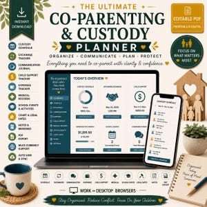 Op de afbeelding: Een digitale planner voor co-ouderschap en voogdij weergegeven op een laptop- en smartphonescherm. De interface bevat secties voor voogdijschema's, uitwisselingstrackers, communicatiejournalen, kinderalimentatie en onkosten.