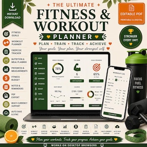 May include: A digital fitness and workout planner displayed on a laptop and smartphone screen, featuring progress charts, workout logs, and goal tracking. The design includes a green and white colour scheme, a shaker bottle, dumbbells, and a measuring tape.