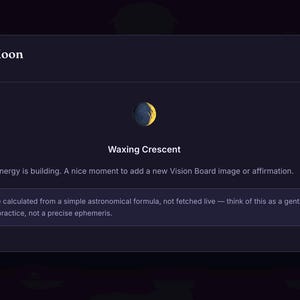 May include: A dark purple digital interface titled Tonight's Moon displaying a Waxing Crescent phase. The screen features a small moon icon, the text Waxing Crescent, an affirmation, and a disclaimer about astronomical calculation methods.