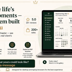 May include: A laptop displaying a digital dashboard interface titled Groundshift, featuring task lists, calendars, and financial trackers. The screen shows text including Navigate life's biggest moments, 5.0 stars, 200+ sales, and feature icons for browser access, no subscriptions, privacy, and PDF exports.