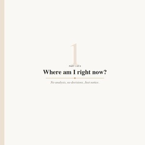 May include: A page from a book with the title "Where am I right now?" in a serif font. The text "No analysis, no decisions. Just notice" is below the title. The number "1" is at the top.