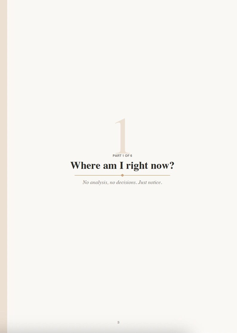 May include: A page from a book with the title "Where am I right now?" in a serif font. The text "No analysis, no decisions. Just notice" is below the title. The number "1" is at the top.