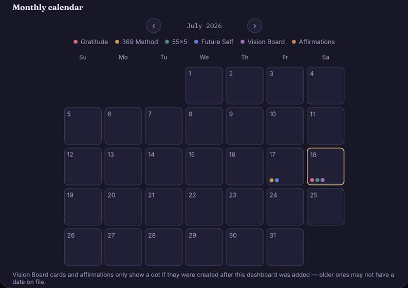 May include: A dark-themed digital monthly calendar for July 2026 with a grid layout. It features a color-coded legend for Gratitude, 369 Method, 55x5, Future Self, Vision Board, and Affirmations. Specific dates show colored dots, and the 18th is highlighted.