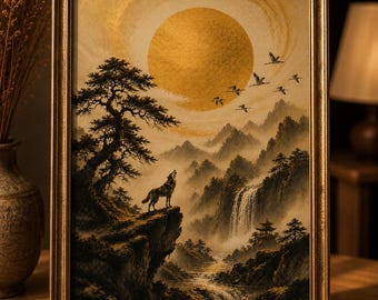 Golden Moon Mountain Landscape Print: Forest, Wolf, Misty Valley (Digital Download)