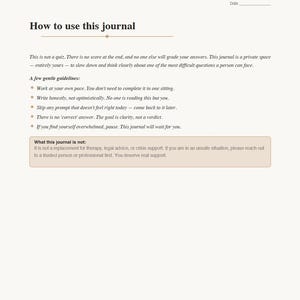 May include: A journal page with the title "How to use this journal." The page includes guidelines for use, such as working at your own pace and skipping prompts. It also clarifies what the journal is not, including a replacement for therapy.