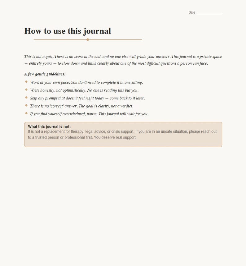May include: A journal page with the title "How to use this journal." The page includes guidelines for use, such as working at your own pace and skipping prompts. It also clarifies what the journal is not, including a replacement for therapy.