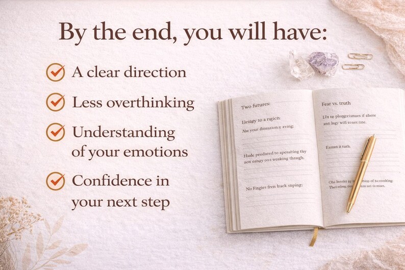 May include: An open book with handwritten text and a gold pen. The text reads "By the end, you will have: A clear direction, Less overthinking, Understanding of your emotions, Confidence in your next step."
