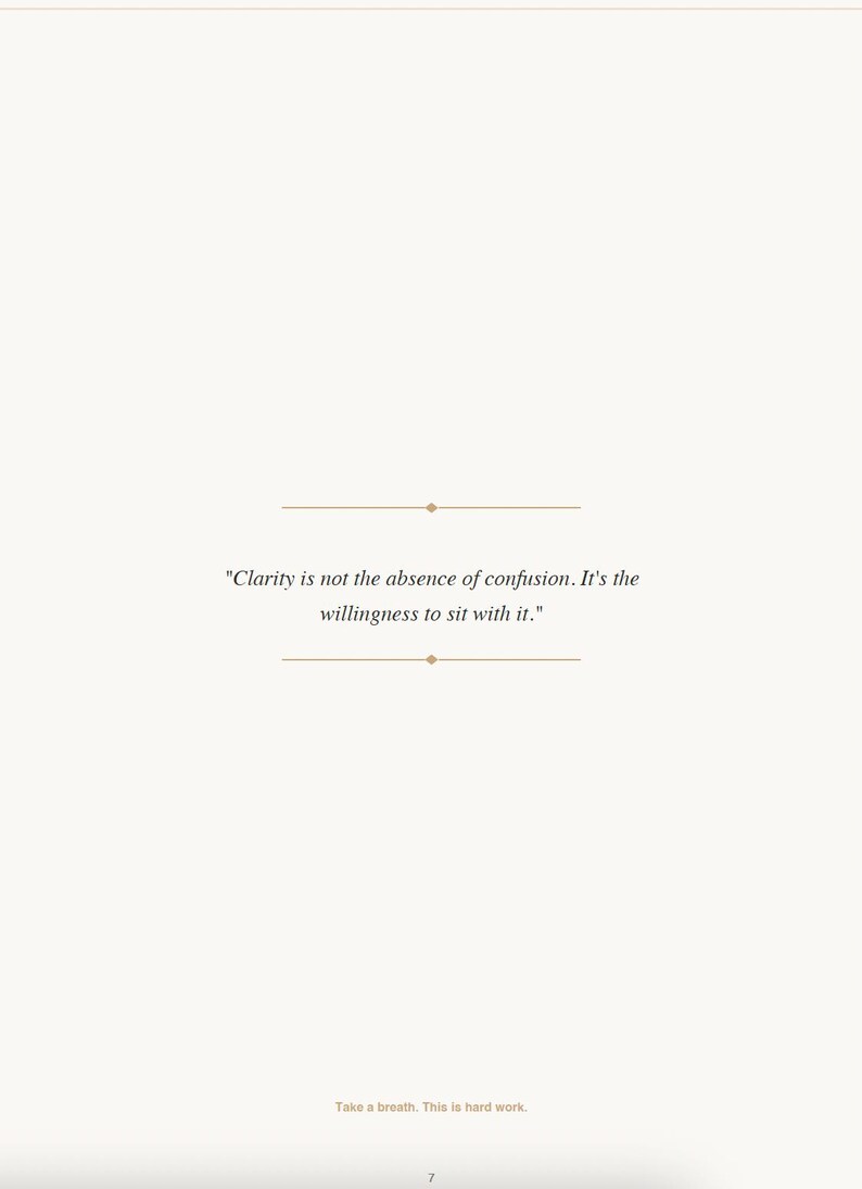 May include: A minimalist design with a cream-colored background features the quote: "Clarity is not the absence of confusion. It's the willingness to sit with it." Below, the text reads: "Take a breath. This is hard work."