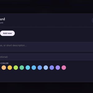 May include: A dark-themed digital interface titled Vision Board with the subtitle Images of the future. It features an Add new button, input fields for text and image links, and a row of fifteen circular color swatches above an Add card button.